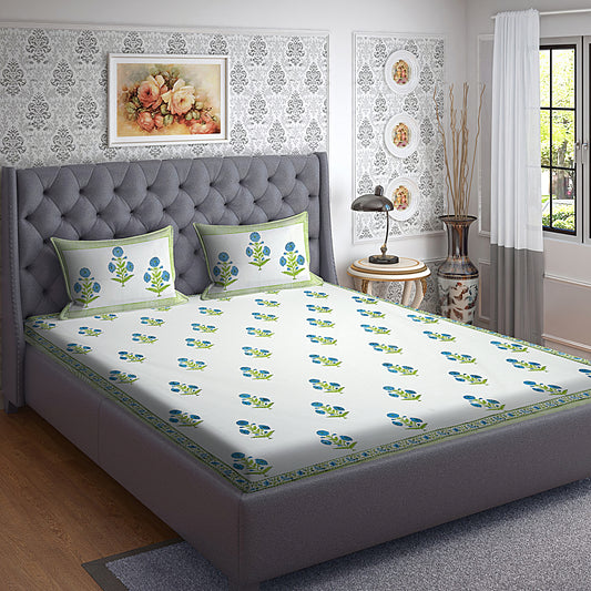 Blue Flowers with Green stem Bedsheet